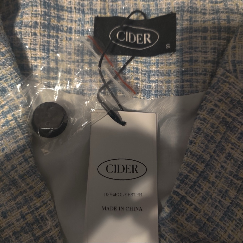 CIDER Lady Blue Pleated Mini Dress & Cropped Blazer Blue Tweed Set Black Trim S - Picture 7 of 14
